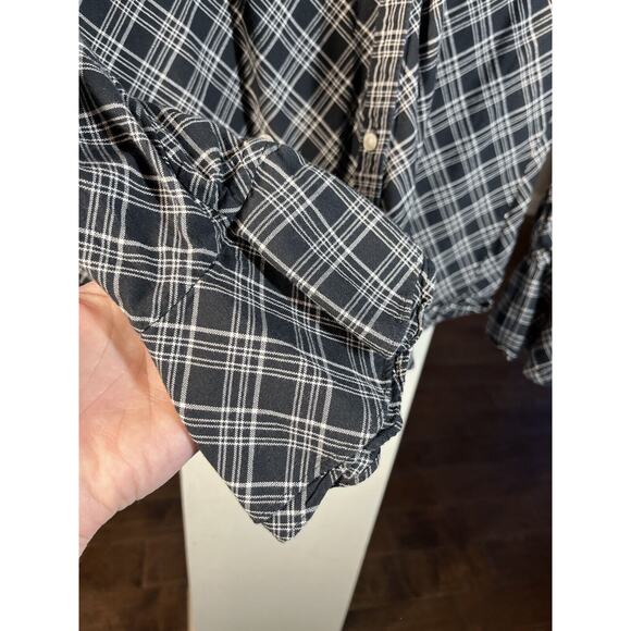 LRL Ralph Lauren Blouse 1X Black White Plaid Bell Cuff Long Sleeve Flared Top - Picture 4 of 9